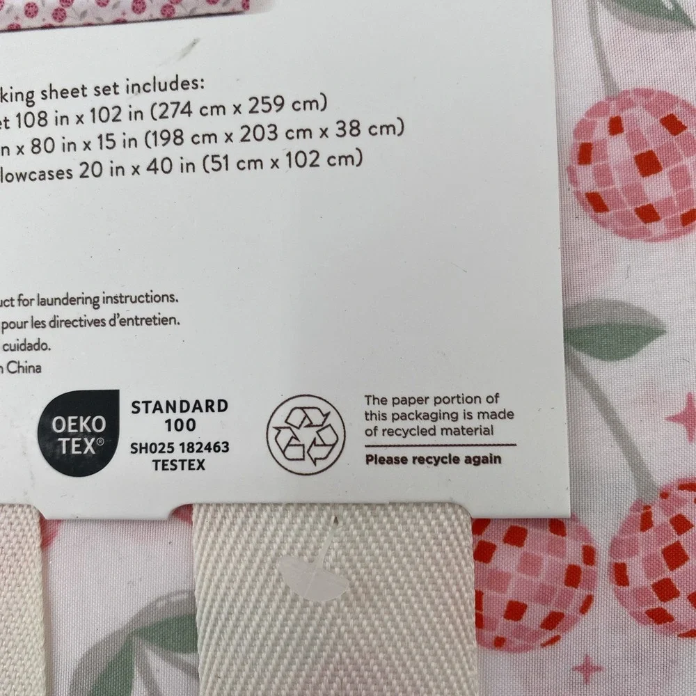 Peri Home Sheet Set KING White Pink Cherries Cherry Disco Balls Whimsical